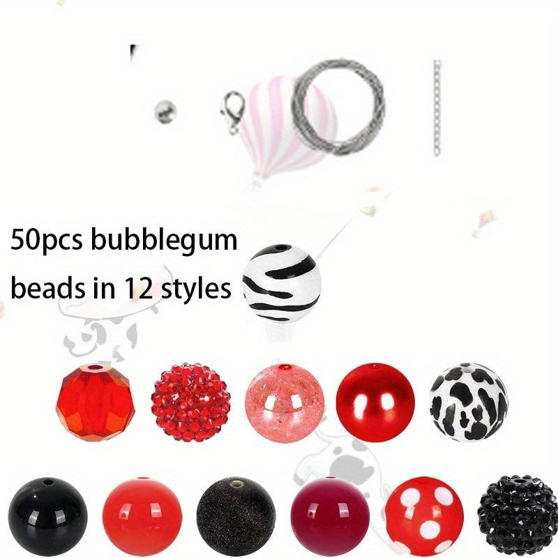 TEMU 50pcs 20mm Beads 12 Styles Mixed Bubblegum Beads Set Red Black Spacer Bead Chunky Beads Jumbo Plastic Beads For Crafts And Jewelry Making