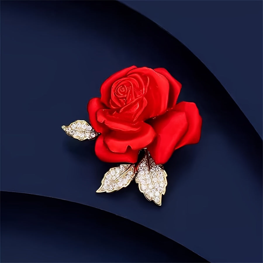TEMU 1pc Elegant Red Rose Brooch With Sparkling Leaves - Chic Alloy Fashion Pin For Women, Ideal For Parties And Casual Attire, Outfit Enhancement|