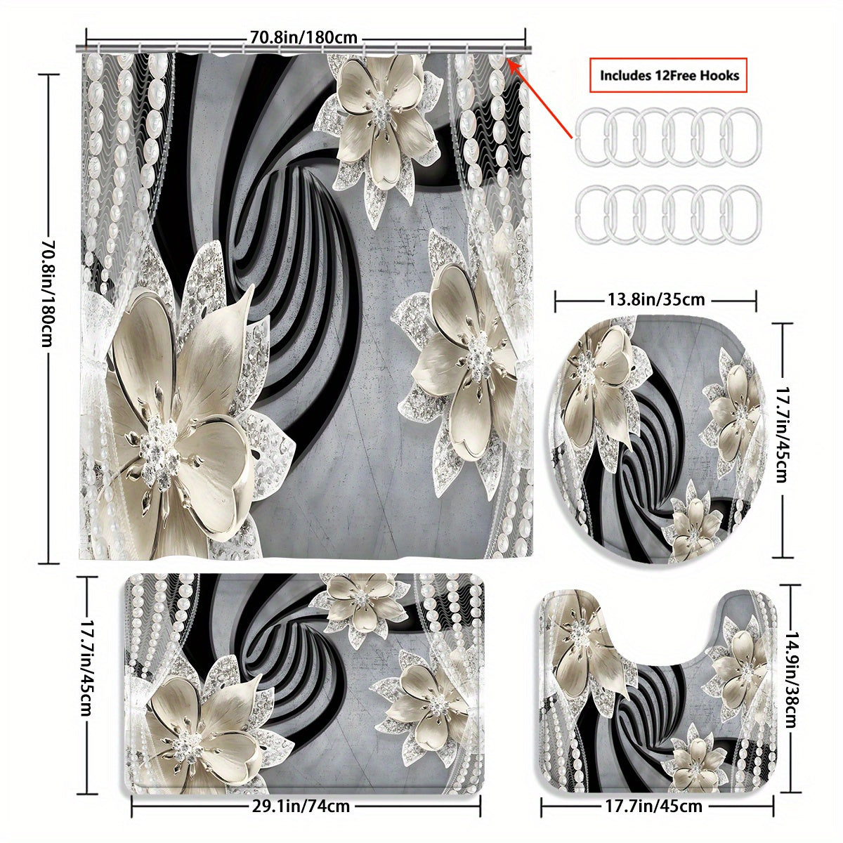 TEMU 4pcs Diamond Flowers Shower Curtain Gift Bathroom Decoration Curtain And Toilet Floor Mat 3-piece Set With 12 Shower Curtain Hooks