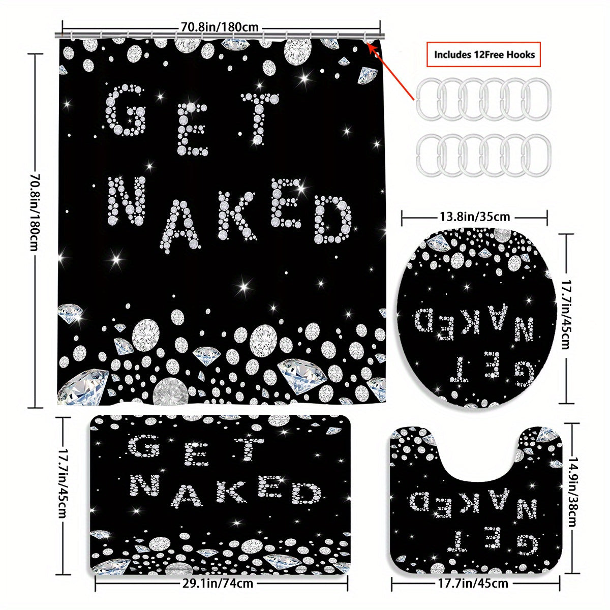 TEMU 4pcs Diamond And Words Shower Curtain Bathroom Decor, Housewarming Gift Decor, Shower Curtain And Toilet Floor Mat Three-piece Set Comes With 12