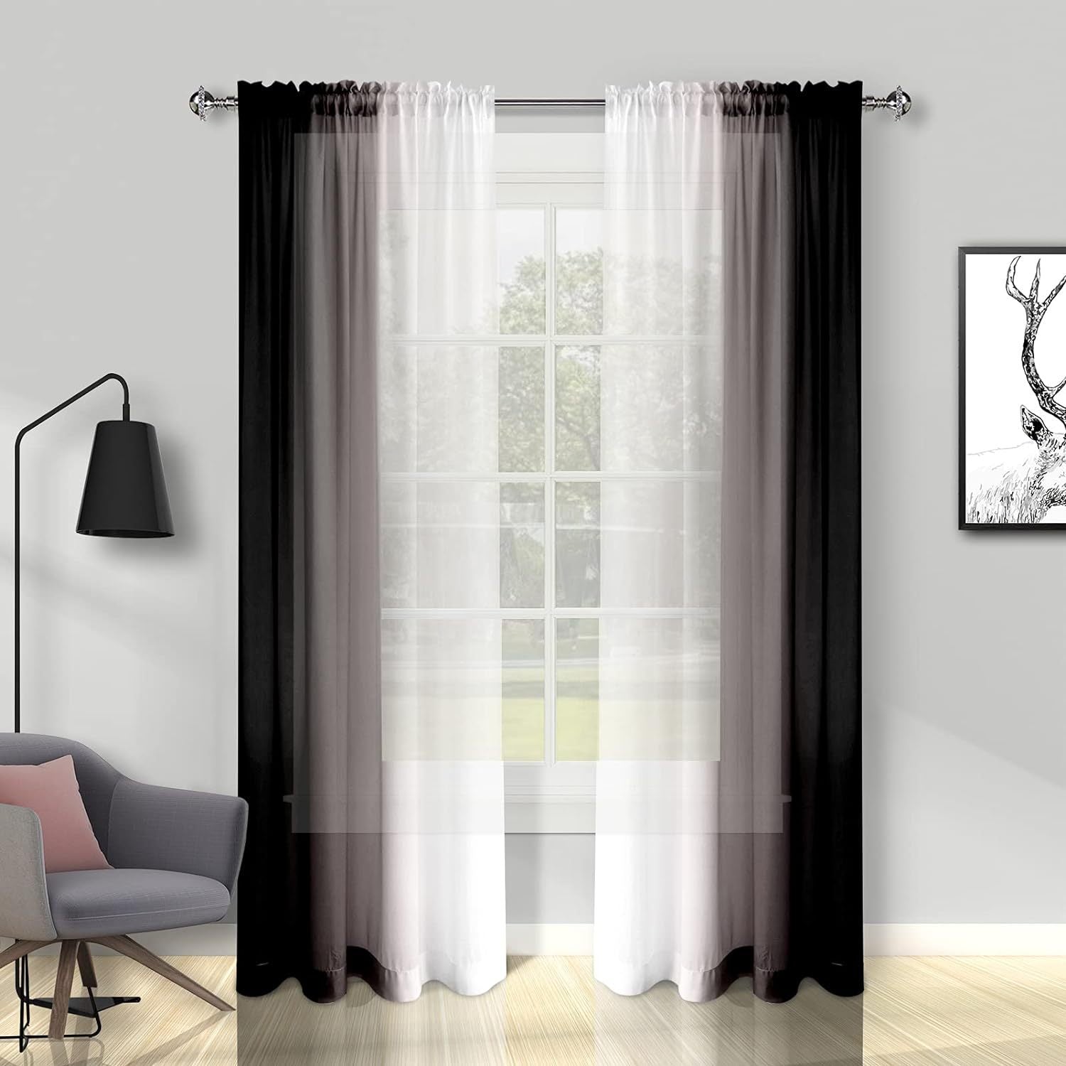TEMU Black Ombre Sheer Curtains For Living Room, Bedroom Chiffon Black White Gradient Rod Pocket Drapes, 2 Panels