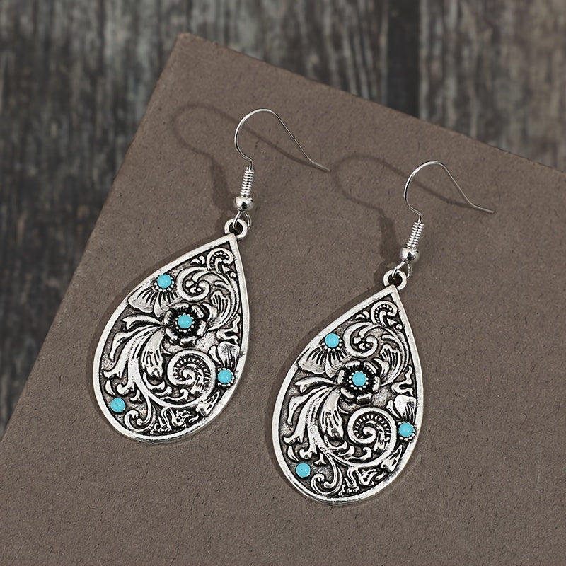 TEMU Enchanting Vintage Turquoise Earrings - Intricately Carved Droplet Shape With Vibrant Flower Pattern - Swinging Dangle For Bohemian Chic Style -