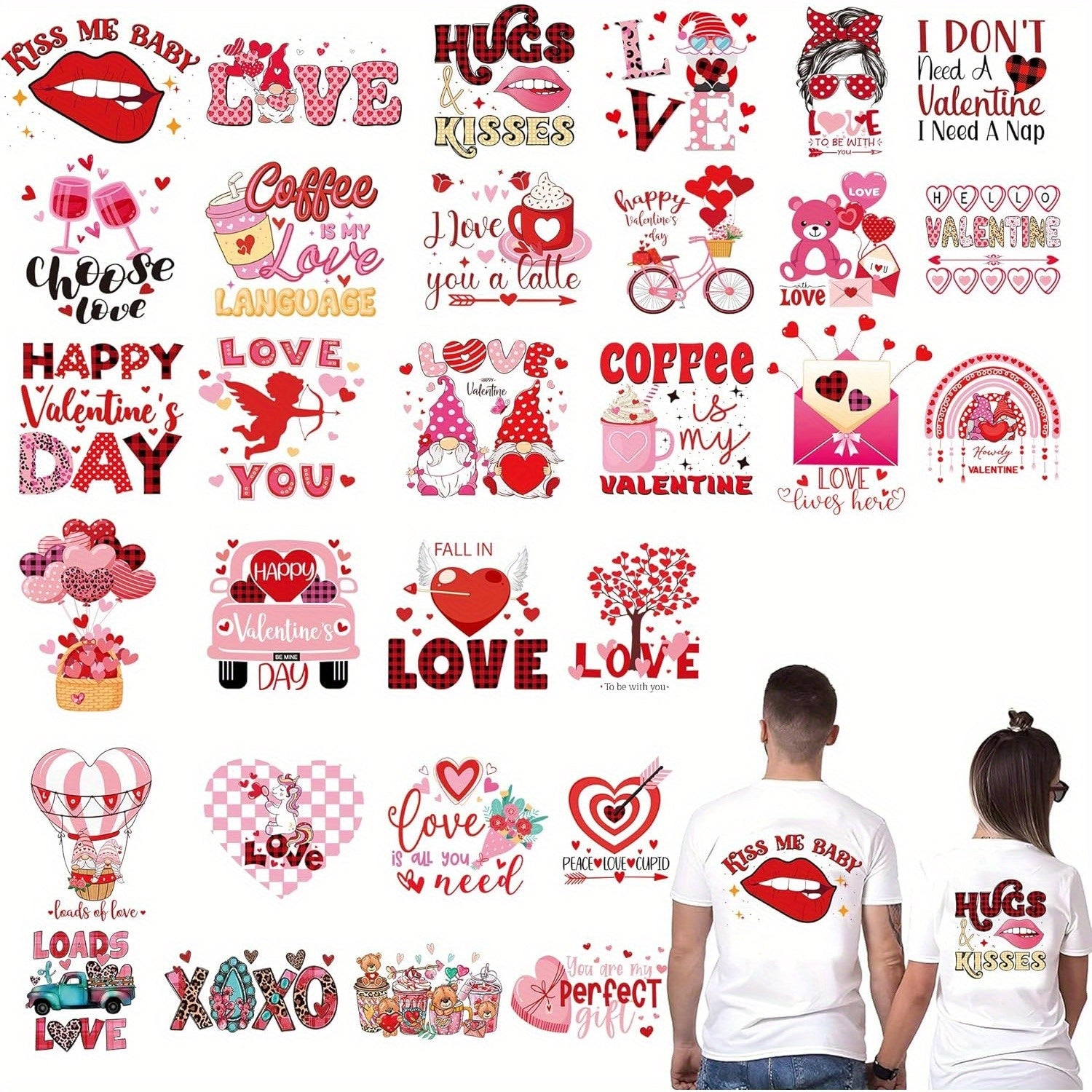 TEMU 30pcs Valentine's Day Iron-on Transfers - With Hearts, Cupcakes, , Lips, Balloons, Cupcakes, Love Phrases - Pink & Press Decals For T-shirts,