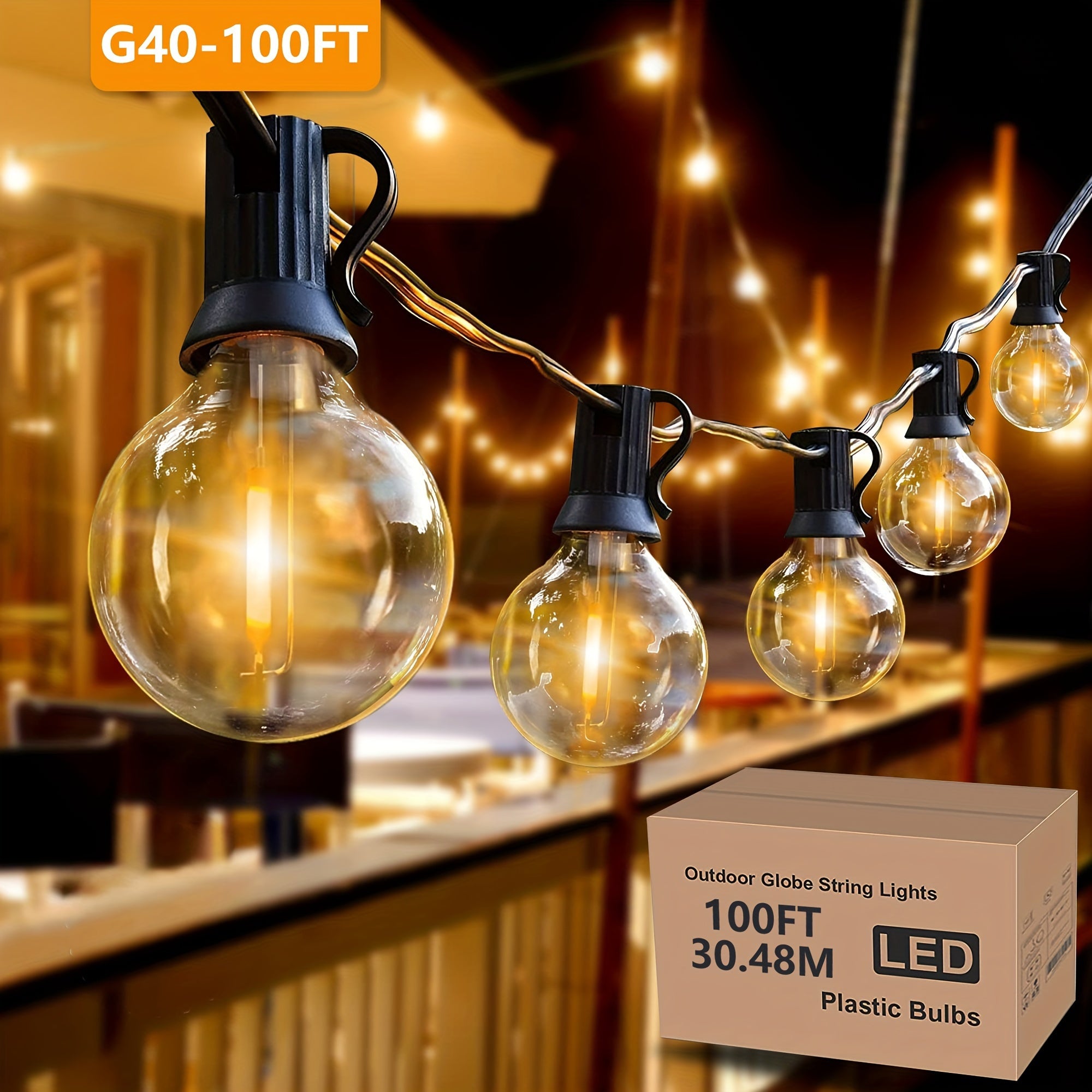 TEMU 100ft G40 Spherical Light String, Led50 -proof Edison Light Bulbs, To , Outdoor, Coffee Shop, Backyard Light String, Warm Color , Warm And