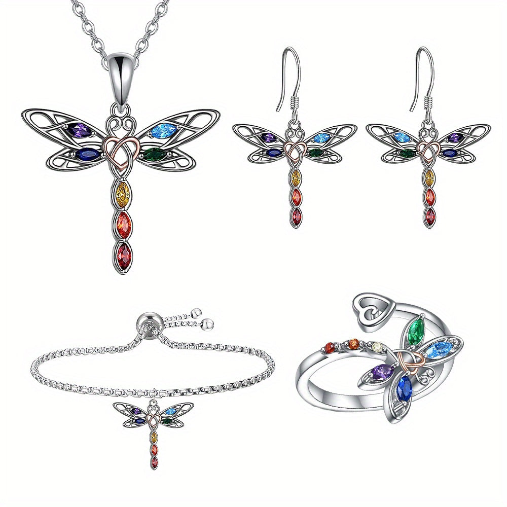 TEMU Fashionable And Exquisite Colorful Dragonfly Earrings, Rings, Necklaces And Bracelets Four-piece Set For Birthday Christmas Gifts