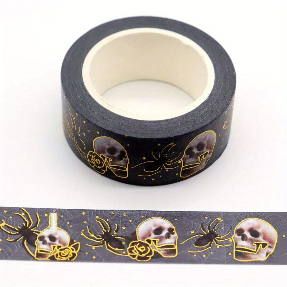TEMU Halloween & Spider Decorative Washi Tape, 15mm X 10m - Black With , Roses & Spiders For Crafting, Scrapbooking, And Office Use, Halloween