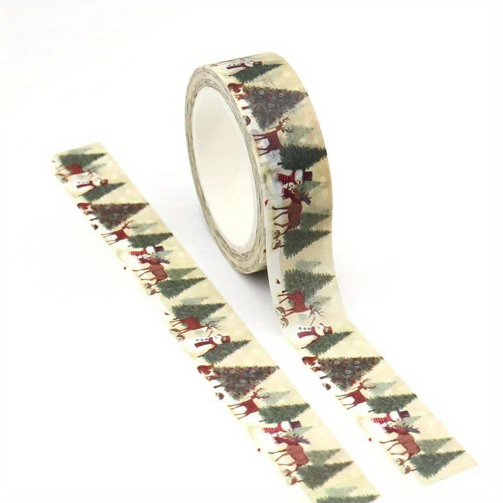 TEMU 1pc Tape 15mm X 10m, Holiday With Tree, Snowman & Reindeer Design, Decorative Adhesive Paper Tape For Diy Projects, Scrapbooking & Office