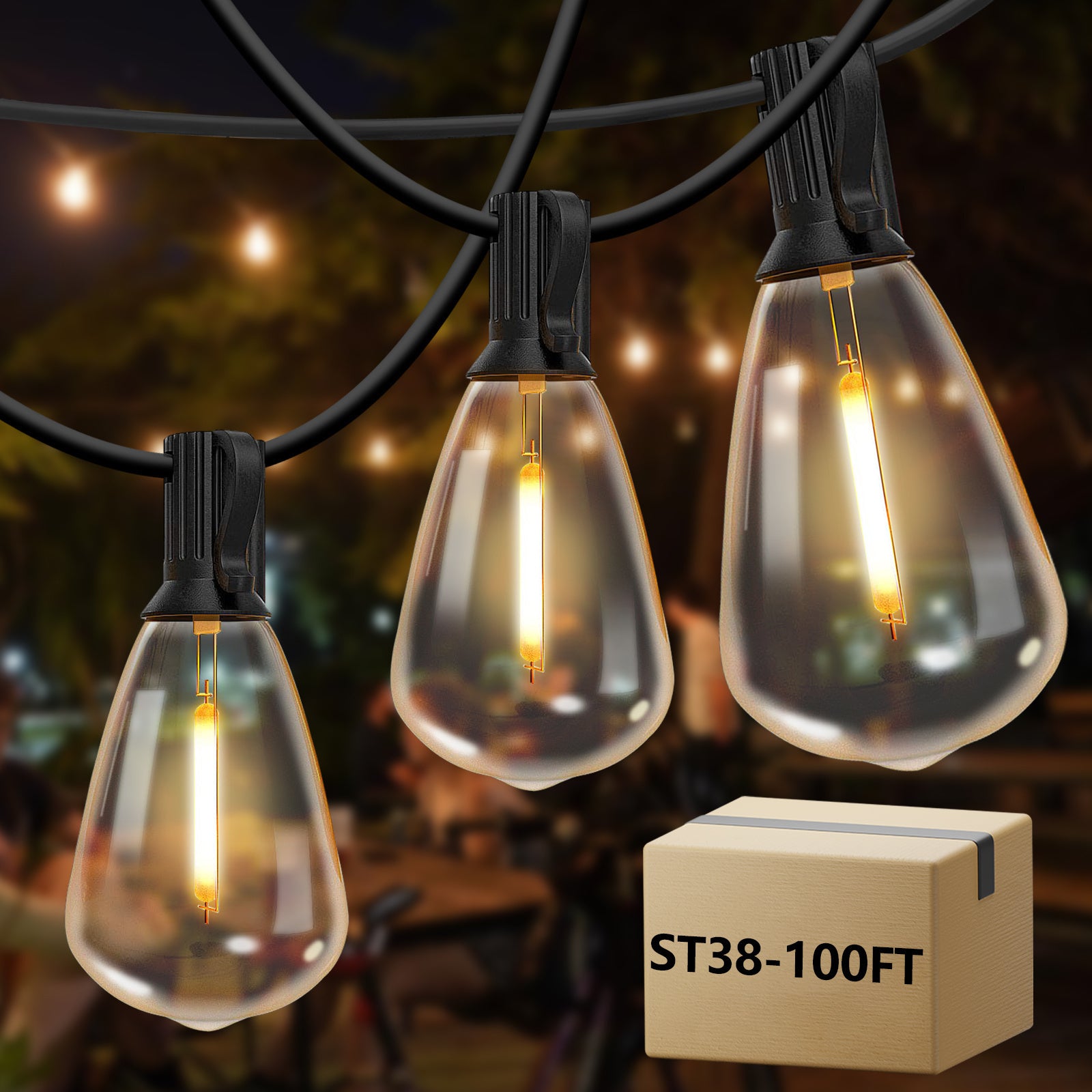 TEMU 100ft St38 Outdoor String Lights - 24+1 Shatterproof Vintage Edison Bulbs, 2700k Bright Led, High Quality, E12 Socket, Heavy-duty Metal