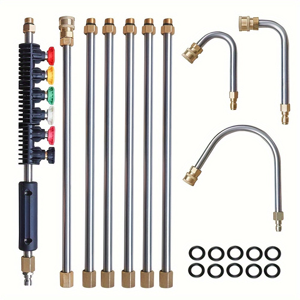 TEMU 10pcs-set High Pressure Washer Extension Wand, 1-4" Quick Washer Lance With 6 Nozzle Tips, 30°, 90°, 120° Gutter Cleaning Curved Rod, 4000 Psi,