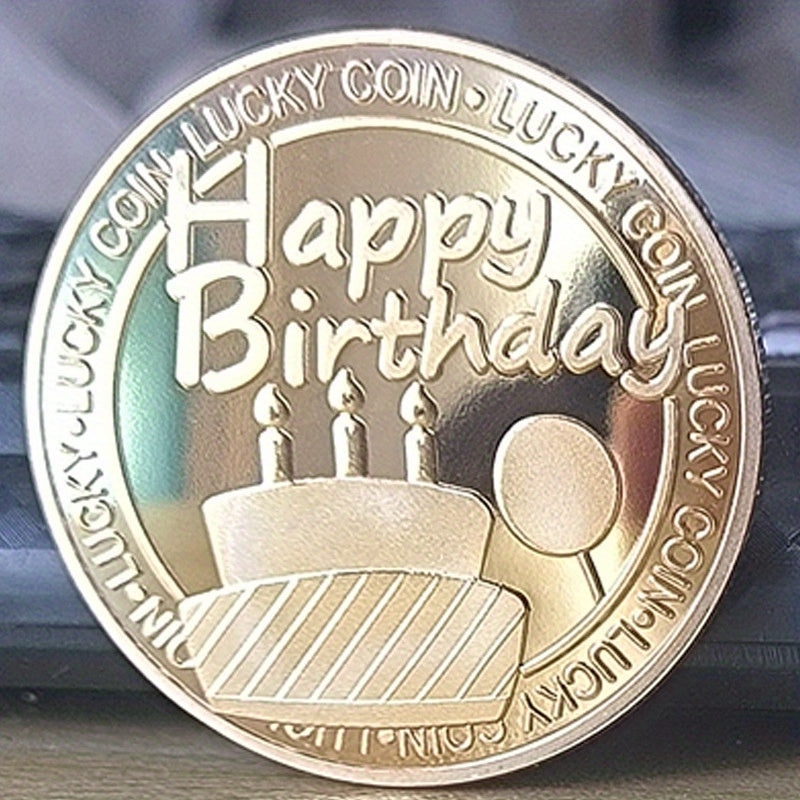 TEMU Replica Coin 1pc Modern Metal Round Coin - Happy Birthday Cake Commemorative Collectible Gift With Candles & Balloons Design - Golden-tone