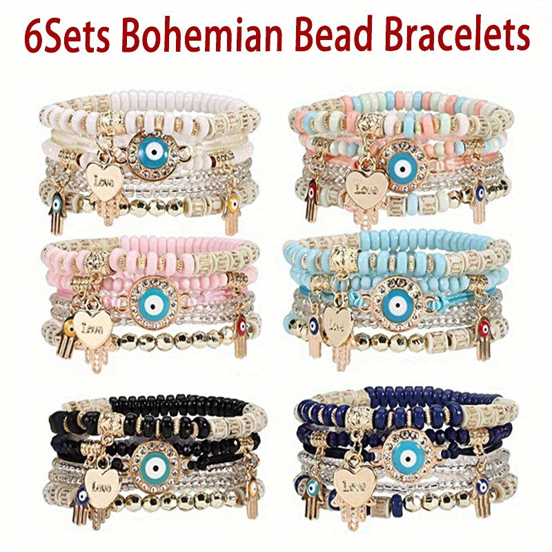 TEMU 6sets (total 36pcs) Bohemian Stackable Bead Bracelets Multilayered Stretch Bracelet Set, Jewelry Sets, Pendant Charm Bangles Handmade Blue Eye