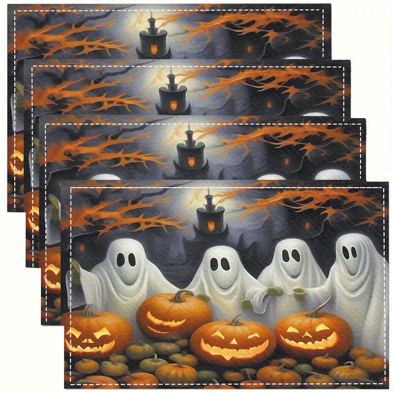 TEMU Set Of 4 Halloween-themed Spooky Pumpkin Castle Printed Placemats - Heat-resistant Table Mats, Washable Table Mats, Desktop Protectors, Home