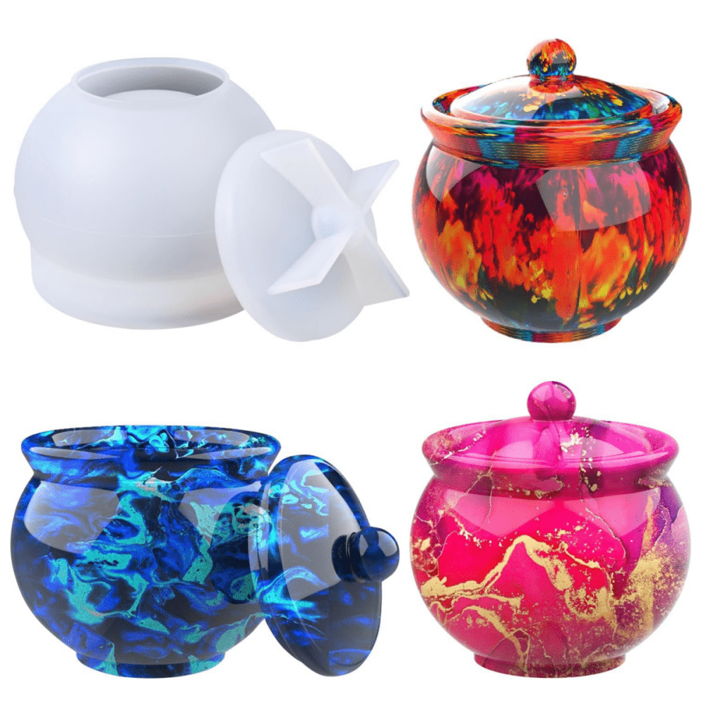 TEMU 4-style Round Silicone Molds For Epoxy Resin Casting - White Reusable Diy Craft Molds With Pumpkin, Candle Holder, Lids & For Jewelry Holders,