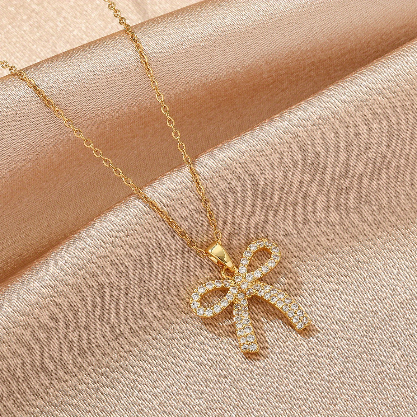 TEMU 1pc Golden Rhinestone-encrusted Fashion Trendy Versatile Bow Cute Personality Pendant Necklace, Birthday Gift Christmas Gift