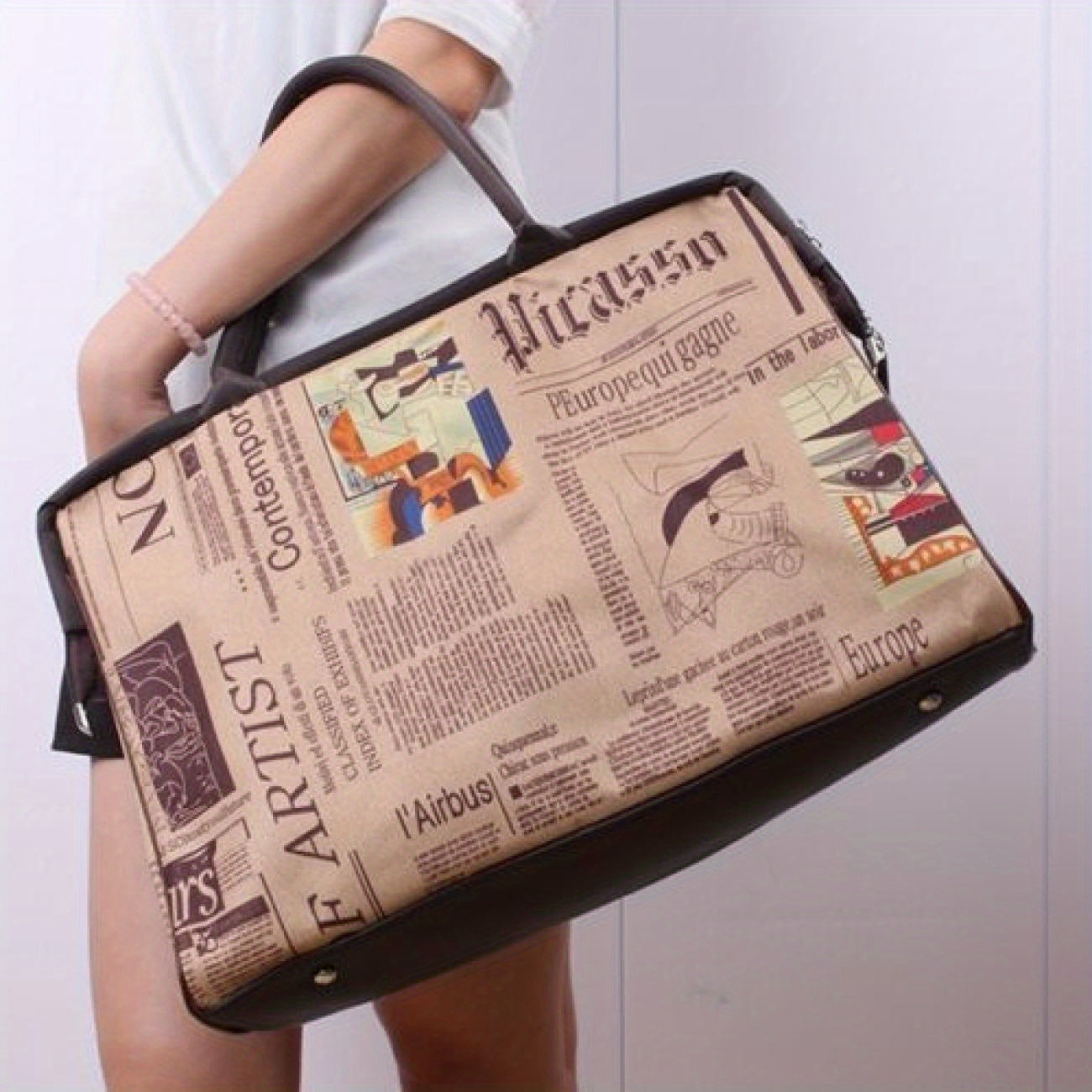 TEMU Chic Vintage Newspaper Design Tote Bag - Water-resistant Canvas, Zip Closure, Travel & Everyday Use, Retro Bags, Luggage Bag, Handbag