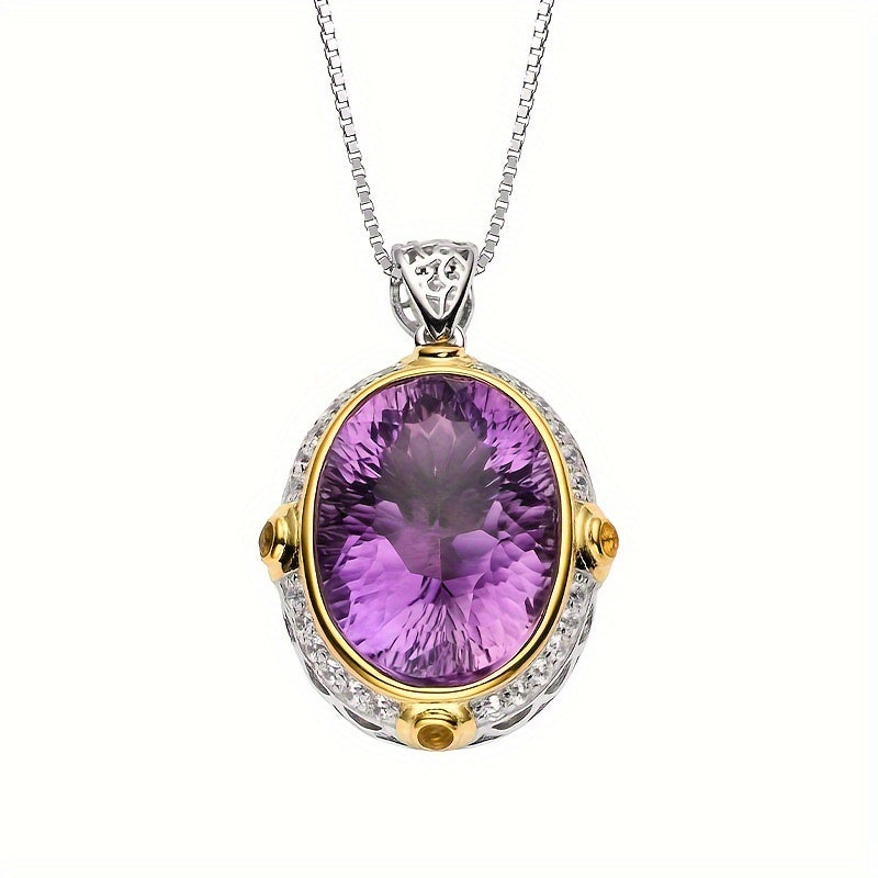 TEMU Elegant Oval Amethyst Pendant Necklace With Sterling Silver Clavicle Chain - Exquisite Design For Casual Attire And Gifting, , , Glam