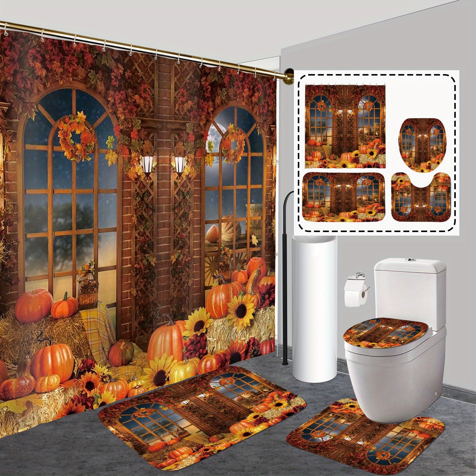 TEMU Thanksgiving 4pcs Bathroom Set Shower Curtain And Non-slip Mat With 12 Hooks Decoration
