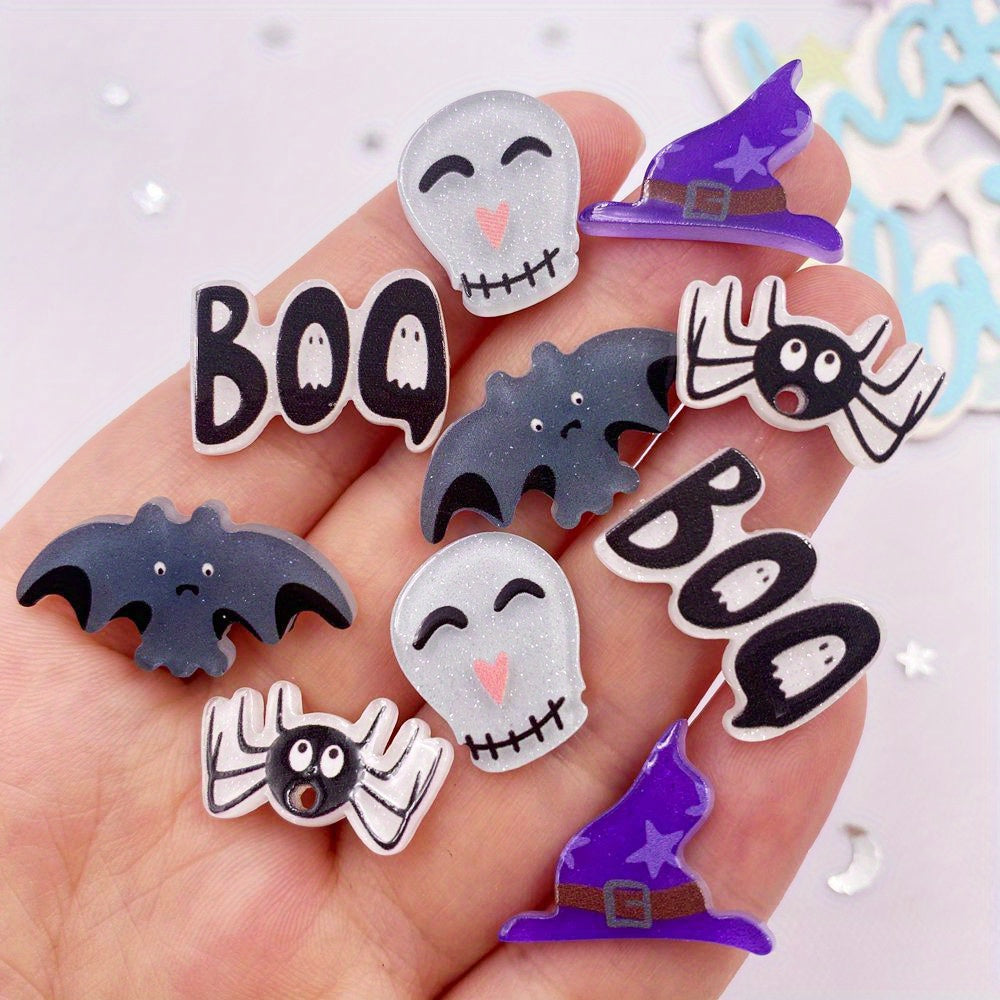 TEMU 10pcs Acrylic Halloween Charms - Glitter Flatback , Bat, , Hat Appliques For Making, Scrapbooking & Crafts