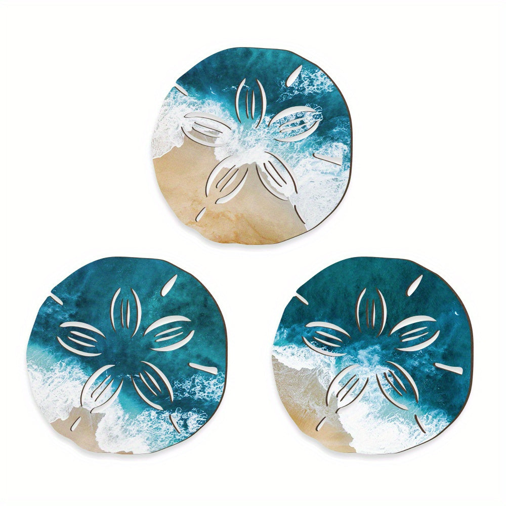 TEMU Putuo Decor, Set Of 3 , Blue Ocean Wooden Wall Decor For Beach Bathroom Decor, 10.2 X 10.2 Inches