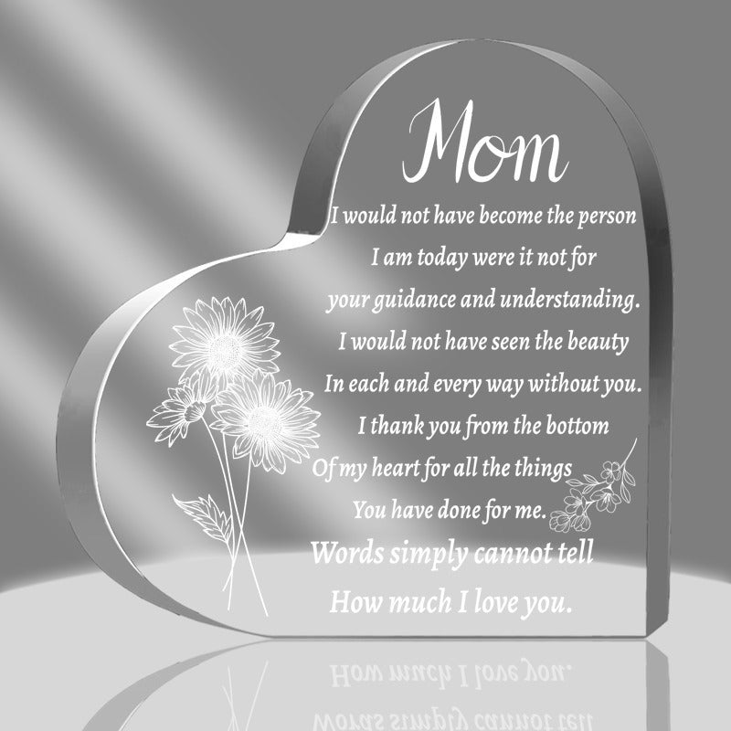 TEMU 2d Flat, Heart-shaped Acrylic Mom Plaque - Name & Poem-photo Display - Keepsake Gift From Son & Daughter - Birthday-christmas Desktop Decoration