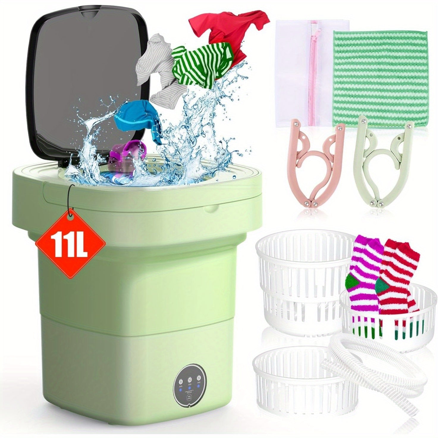 TEMU Compact 11l Portable Mini Washer With 3 Cleaning - Ideal For , Clothes & Socks | Energy-, Noise-reducing | Apartments, Dorms, Camping & Travel |