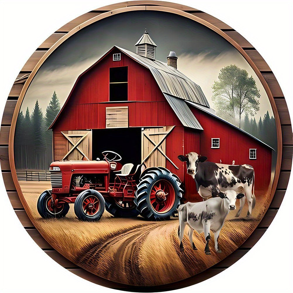 TEMU Acrylic Round Diamond Painting - Barn With Tractor And Cows, Embroidery Art For Home Wall Decor