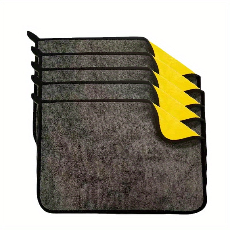 TEMU 5-pack High-density Coral Fleece Car Wash Towels - Double-sided Thick & Absorbent Glass Cleaning Towels, Yellow With Black Edges For Car Repair