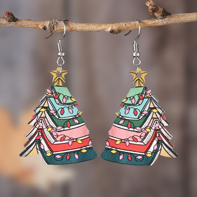 TEMU 1 Pair Women's Christmas Tree Book Page & Bookend Earrings - Wood Dangle Earrings With - Wood Grain Book Page Design, Lightweight Festive Party