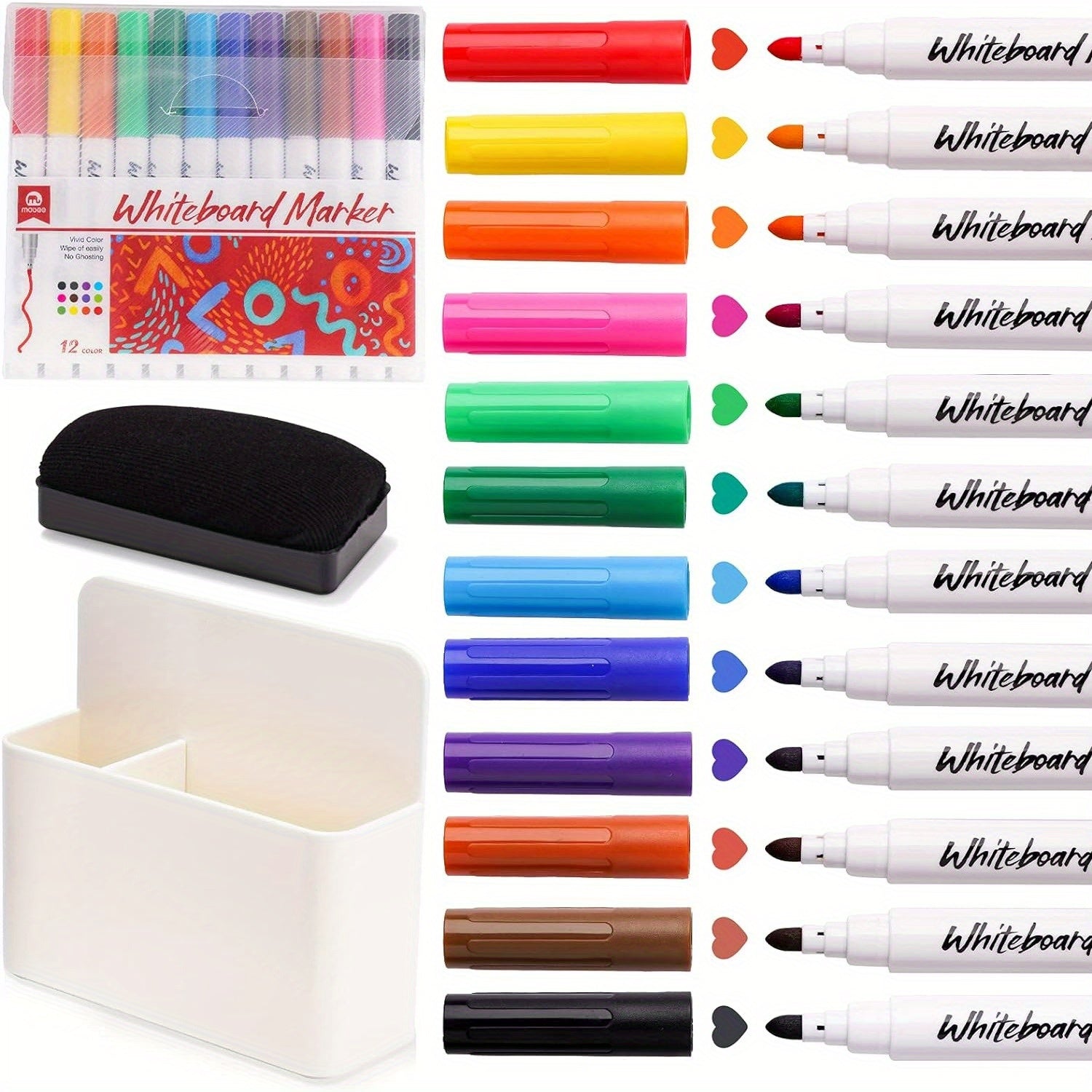 TEMU 12 Color Whiteboard Erase Markers With Magnetic Holder - Strong Suction, Easy To Remove, Suitable For Metal
