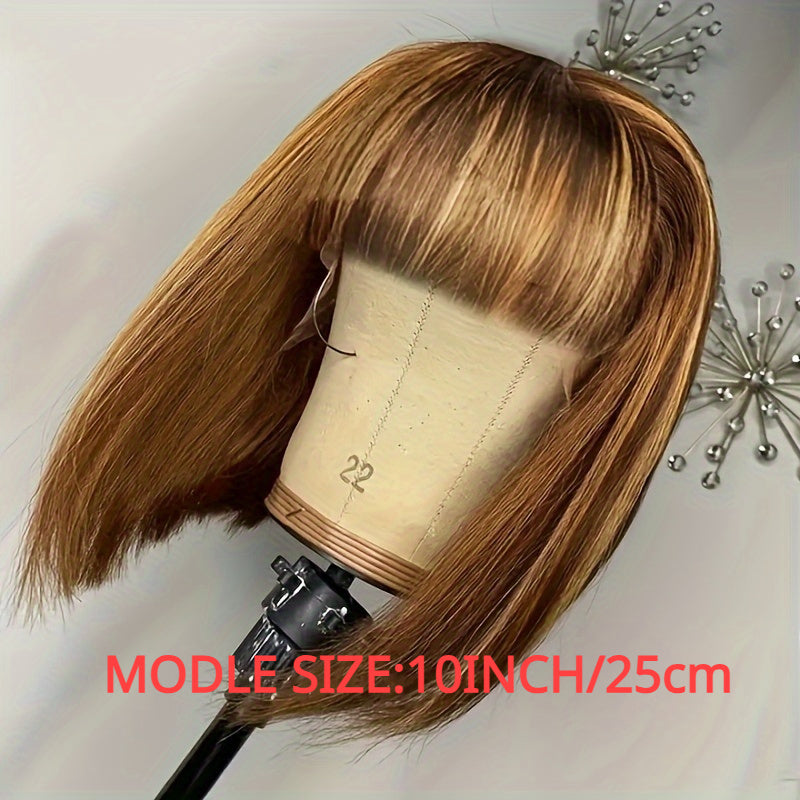 TEMU 180% Density Honey Blonde Ombre Bob Wig With Bangs - Brazilian Human Hair, Straight Style For Women, , Casual Attire Or Special Occasions,