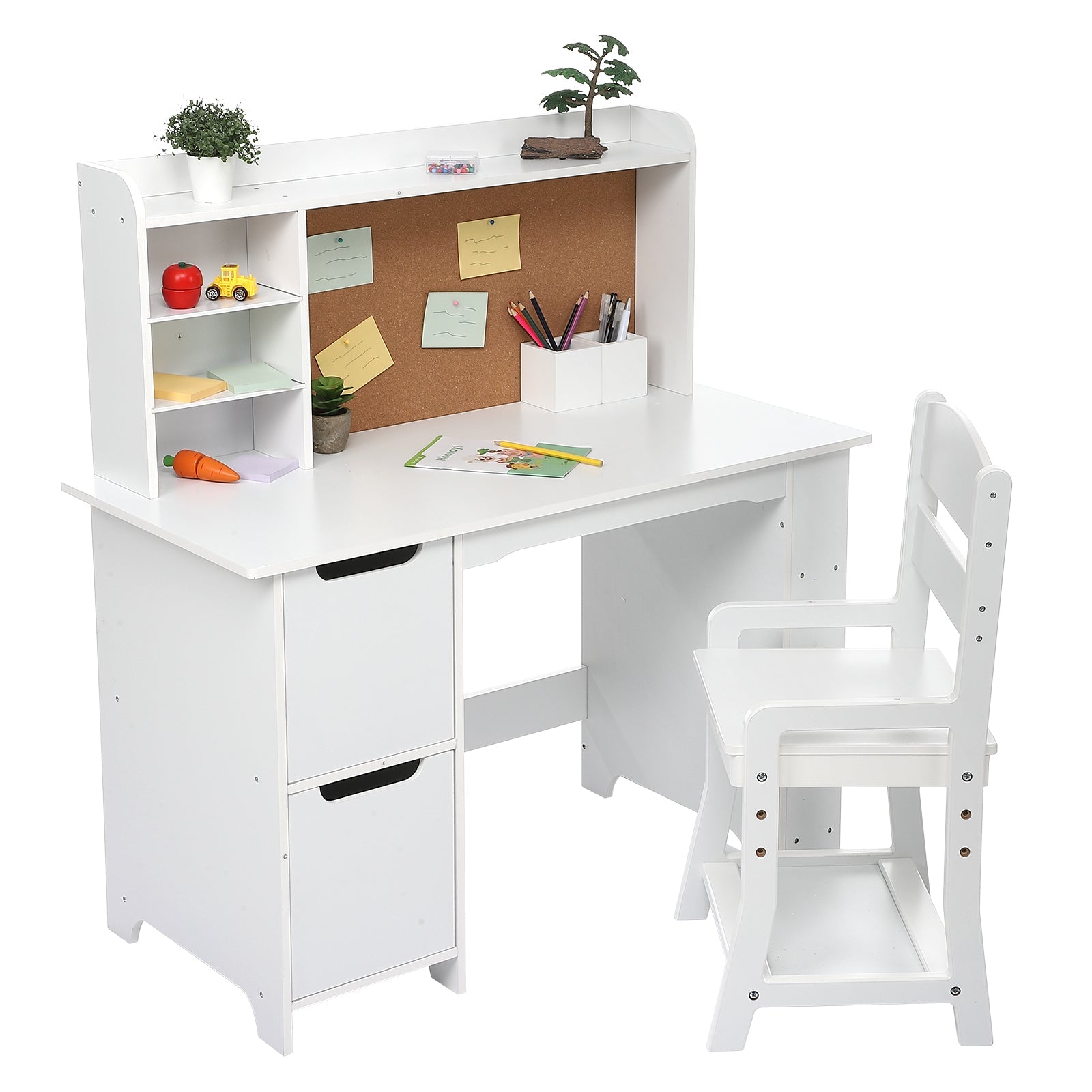 Garvee Kids Study Desk with Chair&Bulletin Board, Wooden Kids Table and Chairs Set for 5-12, Study Desk with Storage Kids Writing Desk Computer Workst