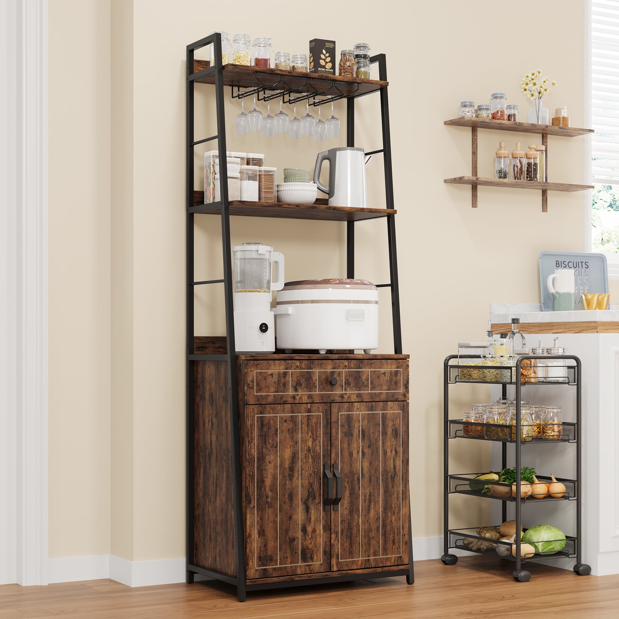 Garvee Baker Rack with Cabinet Tall Standing Microwave Rack with Drawer Vintage Spice Rack with Adjustable Feet 5 Tier