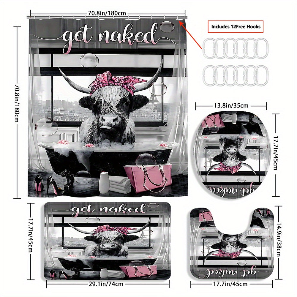 TEMU 4pcs Shower Curtain And Cow Curtain Shower Curtain Decoration, Beautiful Housewarming Gift Decoration, Shower Curtain And Toilet Floor Mat