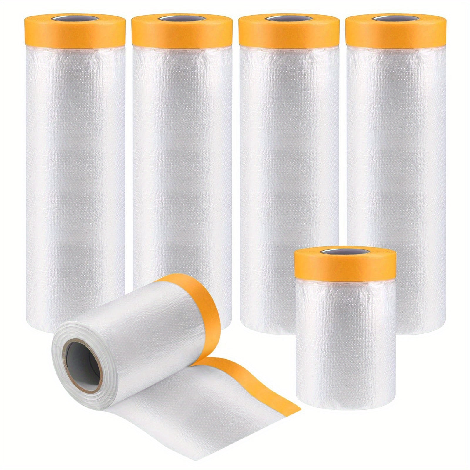 TEMU 6pcs Pre-taped Masking Film Rolls With Yellow Markers - Durable Protective Covering For Automotive Painting, Furniture & Appliance Projects,