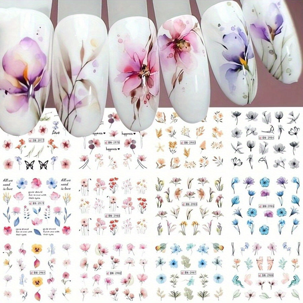 TEMU Floral Nail Transfer Decals - 1 Sheet-12 Styles Glossy Finish, Irregular Shape, Pattern, Unscented, Glitter Embellished, Plastic Material,