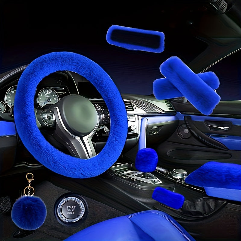 TEMU 9pcs- Set Premium Plush Car Interior Decor Set - Luxurious Steering Wheel Cover, Comfortable Seatbelt Protectors, Fashion Accessories For A