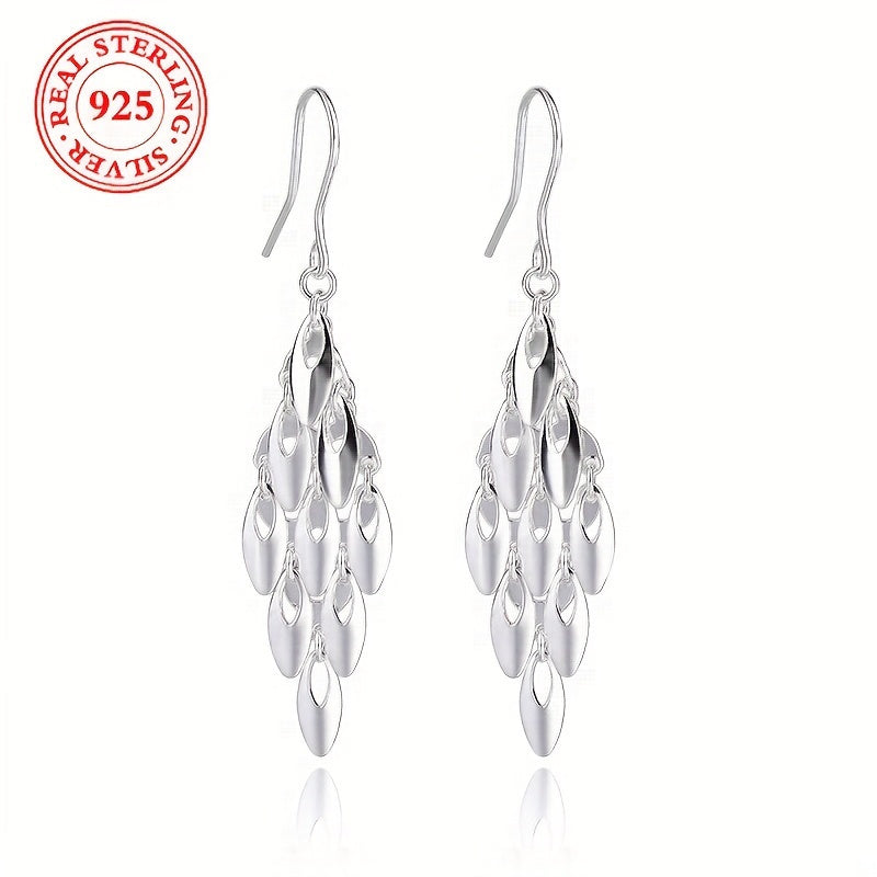 TEMU 1 Pair S925 Pure Silvery Bohemian Fashion Long Tassel Dangle Earrings - Low Allergy - Plated With White Gold Plated - Glossy Water Drop Earrings