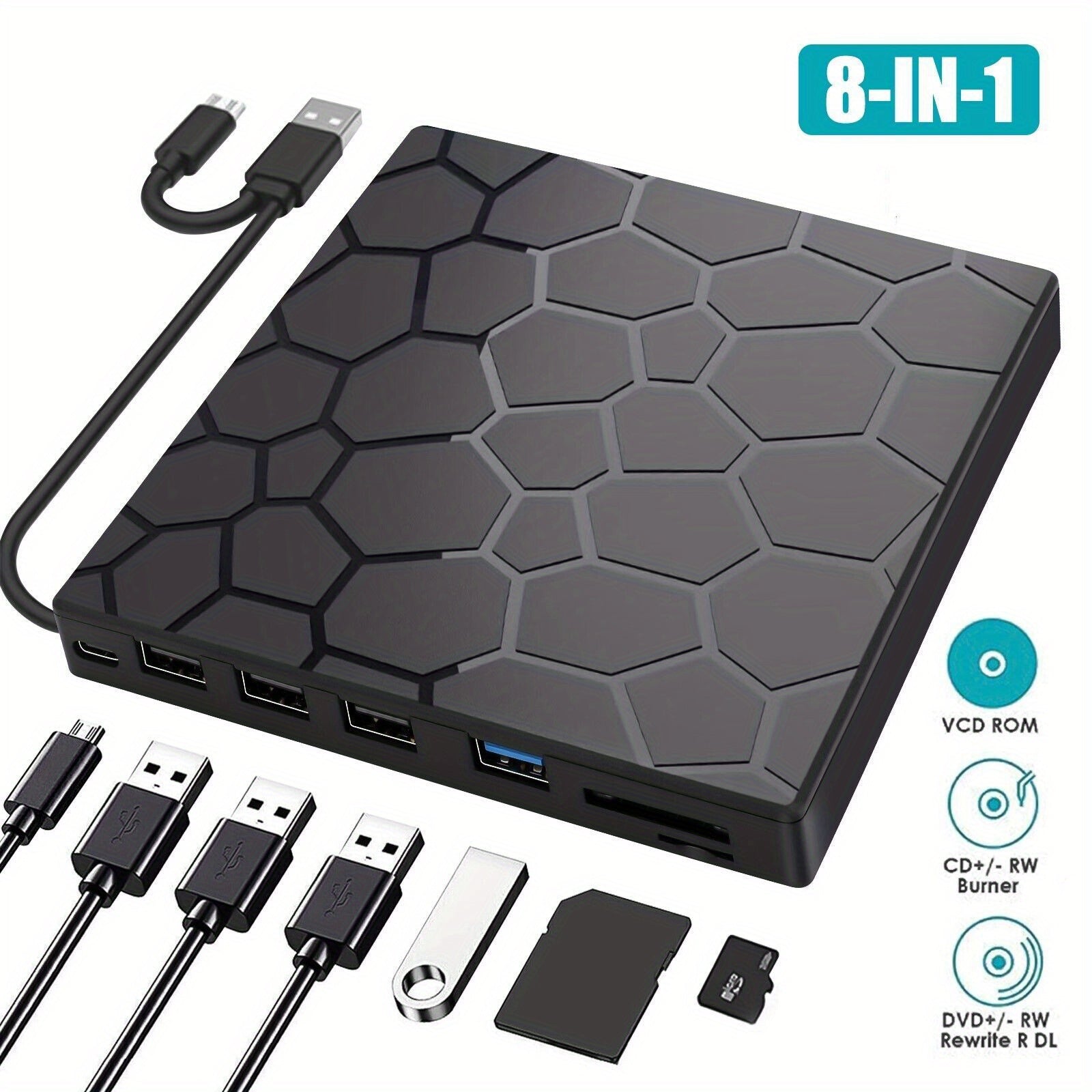 TEMU External Cd- Dvd Drive For Laptop 8in 1 Usb 3.0 Portable Dvd Player For Laptop Burner External Drive Optical Compatible Laptop Desktop Windows