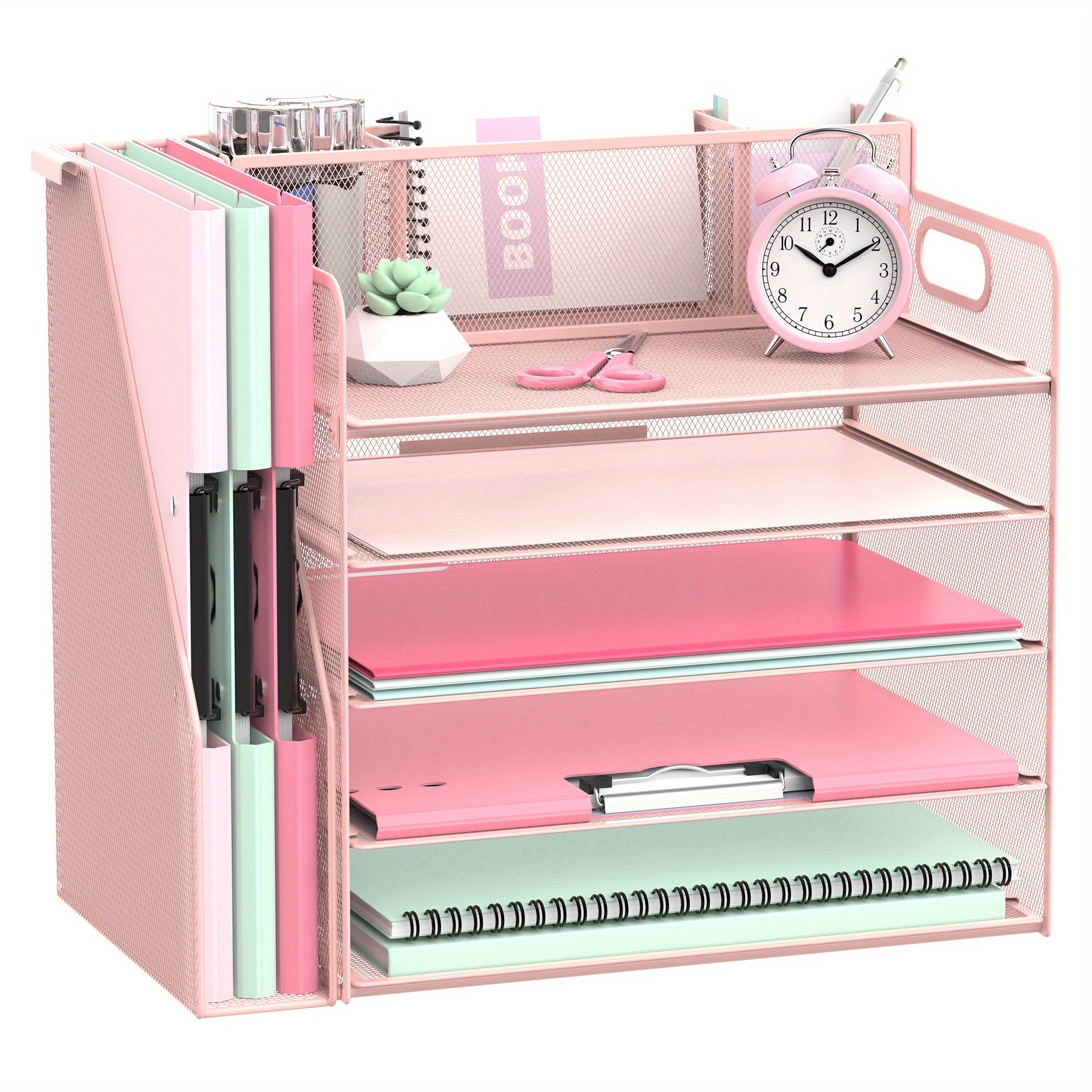 TEMU Jmhud 5 Tier Desktop File Organizer With 3 Pen Holders, Mesh Desk Accessories & Supplies, Desk Organizer With File Holder, Paper Letter Tray For