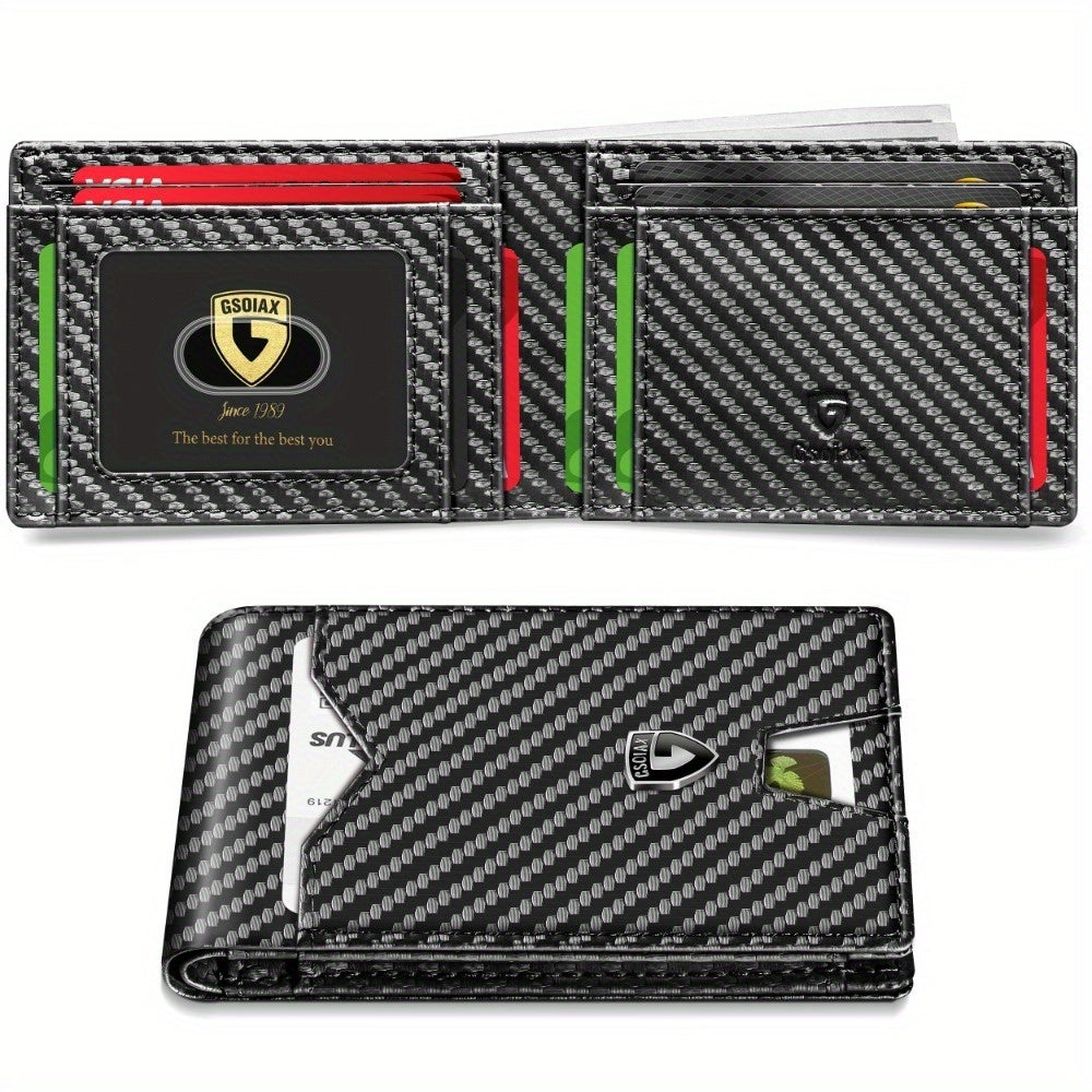 TEMU 1pc Men's Ultra-thin Wallet - Slim Rfid Blocking Bifold Credit Card Holder With Carbon Fiber Texture, Golden-tone Hardware & -like Texture -