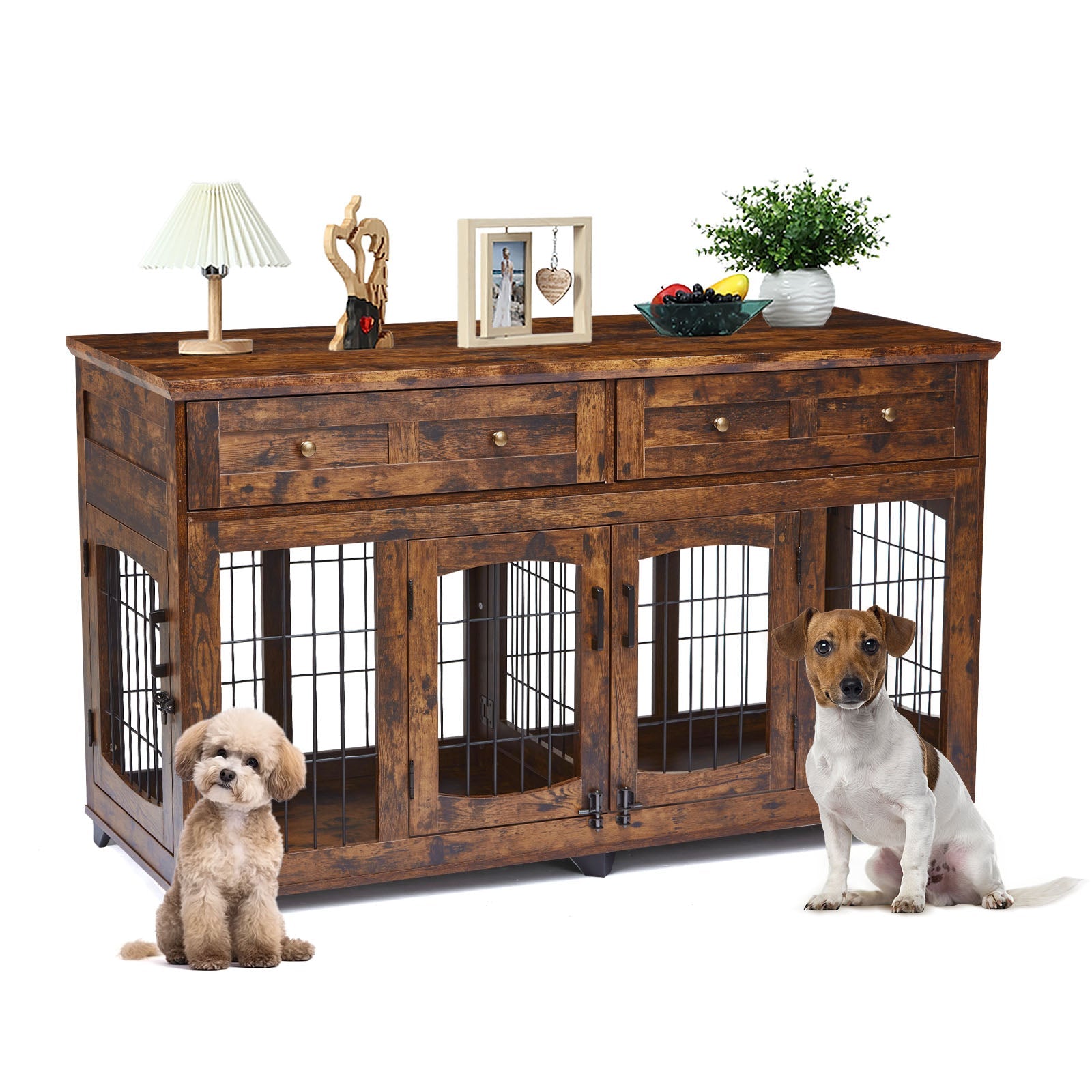 Garvee Dog Crate Furniture with 5 Doors, 58" Wooden Dog Kennel Cage End Table with Large Capacity Drawers, Dog House with Openable Divider for Dogs(Br