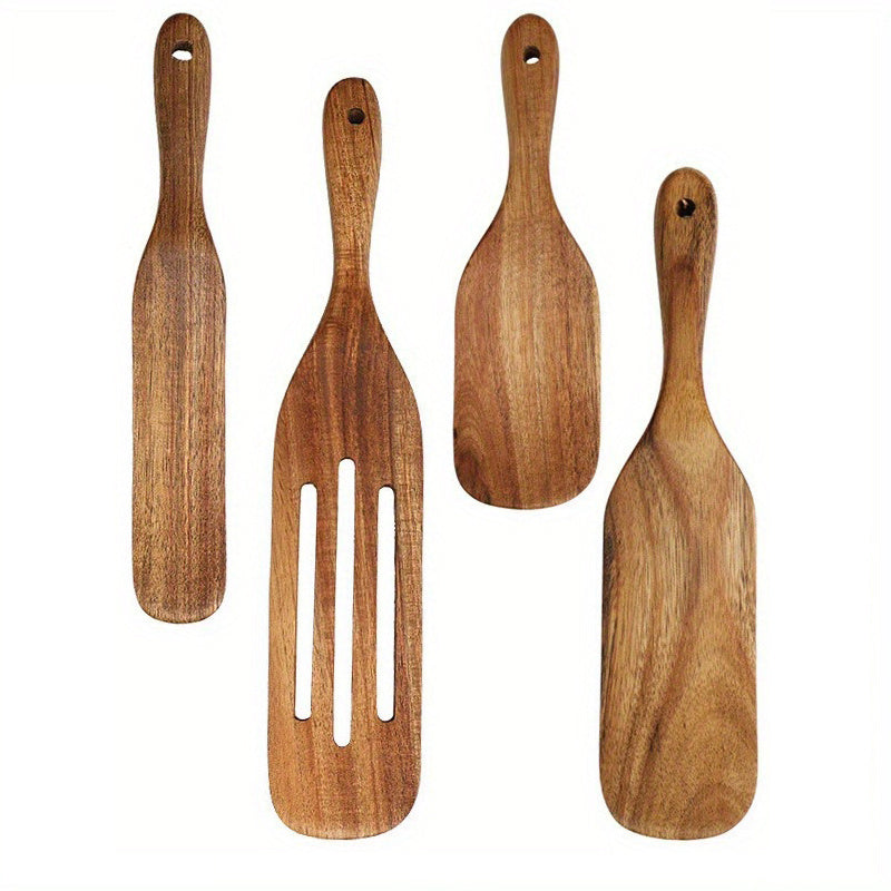 TEMU Premium Teak Wooden Kitchen Utensils: 2pcs-4pcs Set Of Slotted Spurtles, Spatulas, And Spoons For Nonstick Cookware - Heat Resistant, Non Stick