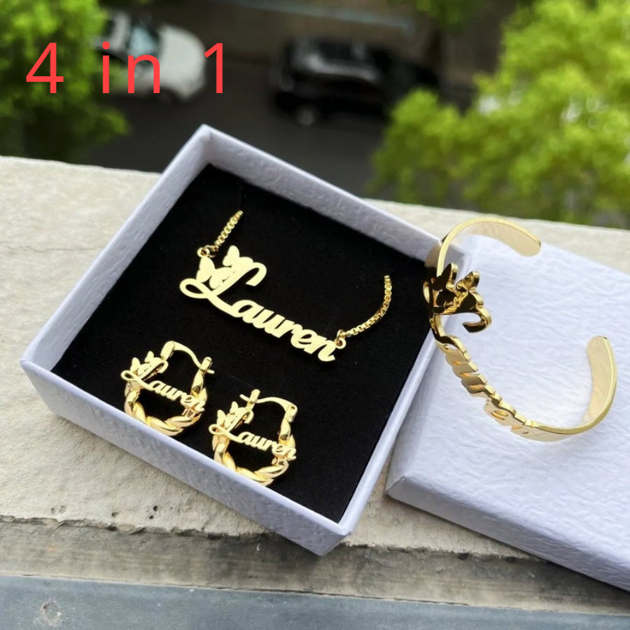 TEMU 4in1 Custom Jewelry Set, Hoop Earrings, Name Necklace, Name Bangle, Personalized Name Suit, Customizable Unique Gift, Gift For Her, Family