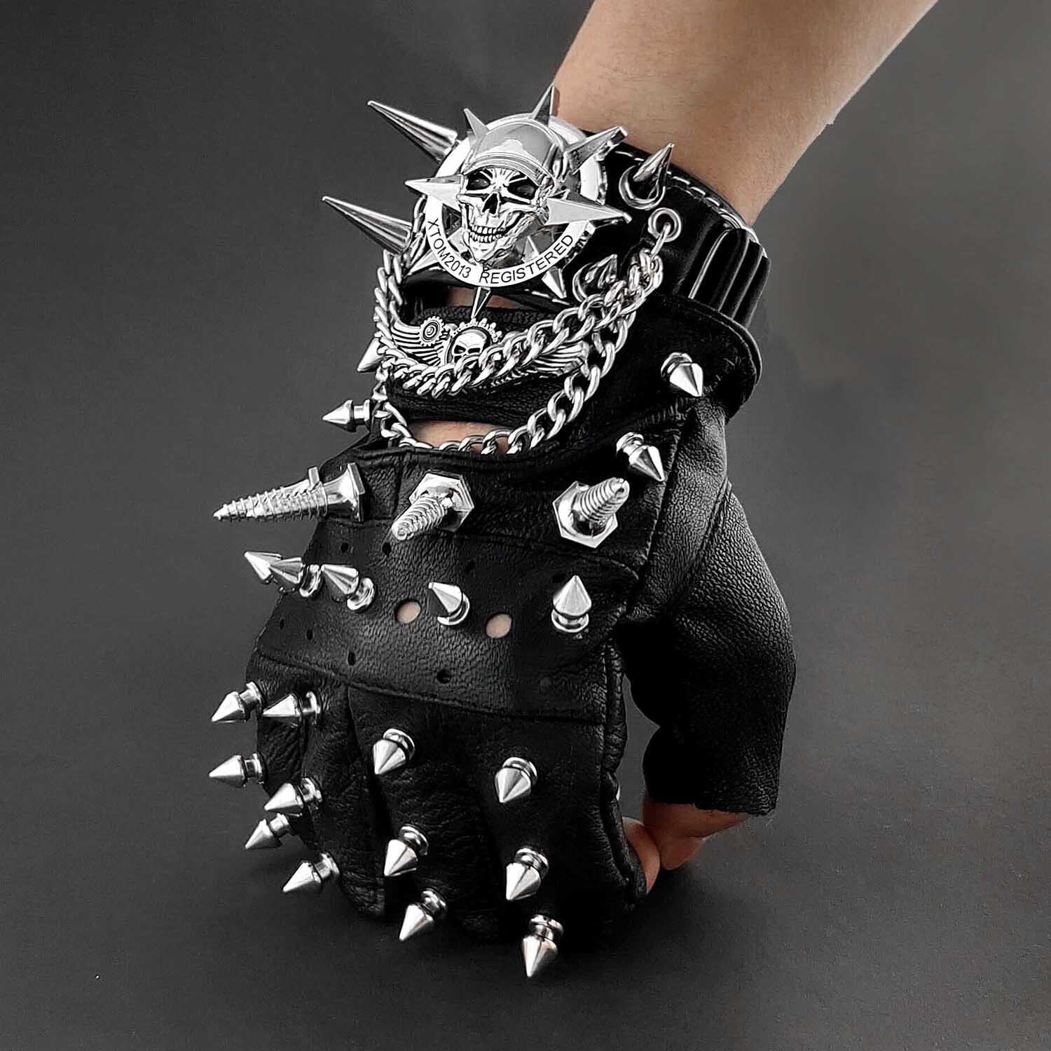 TEMU Men's Steampunk Motorcycle Leather Fingerless Gloves With Rivet & Chain Bracelet - Black Biker Style, Skull & Gear Design, Fits Most, Motorcycle