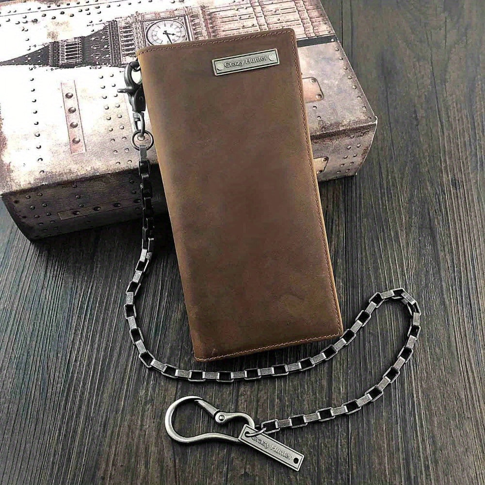 TEMU Men's Biker Crazy Horse Leather Long Chain Wallet Multi-card Coin Wallet Purse