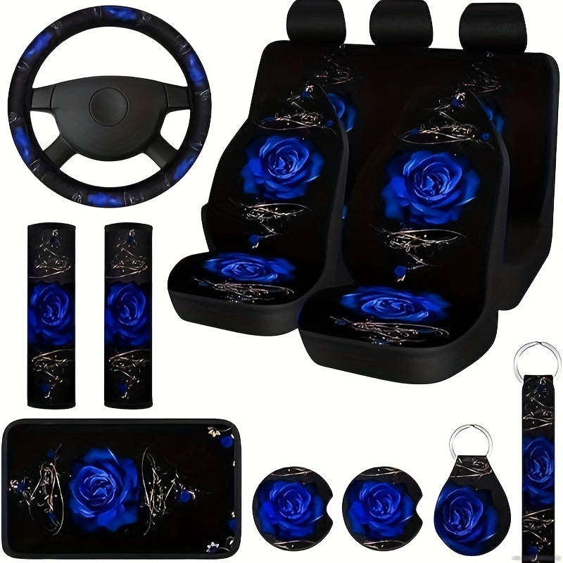TEMU 15pcs- Set Purple Seat Cover, Complete Set, Steering Wheel Cover, Front Seat Cover, Armrest Cover, Car Cup Holder, Seat Belt Cover, Key Chain -