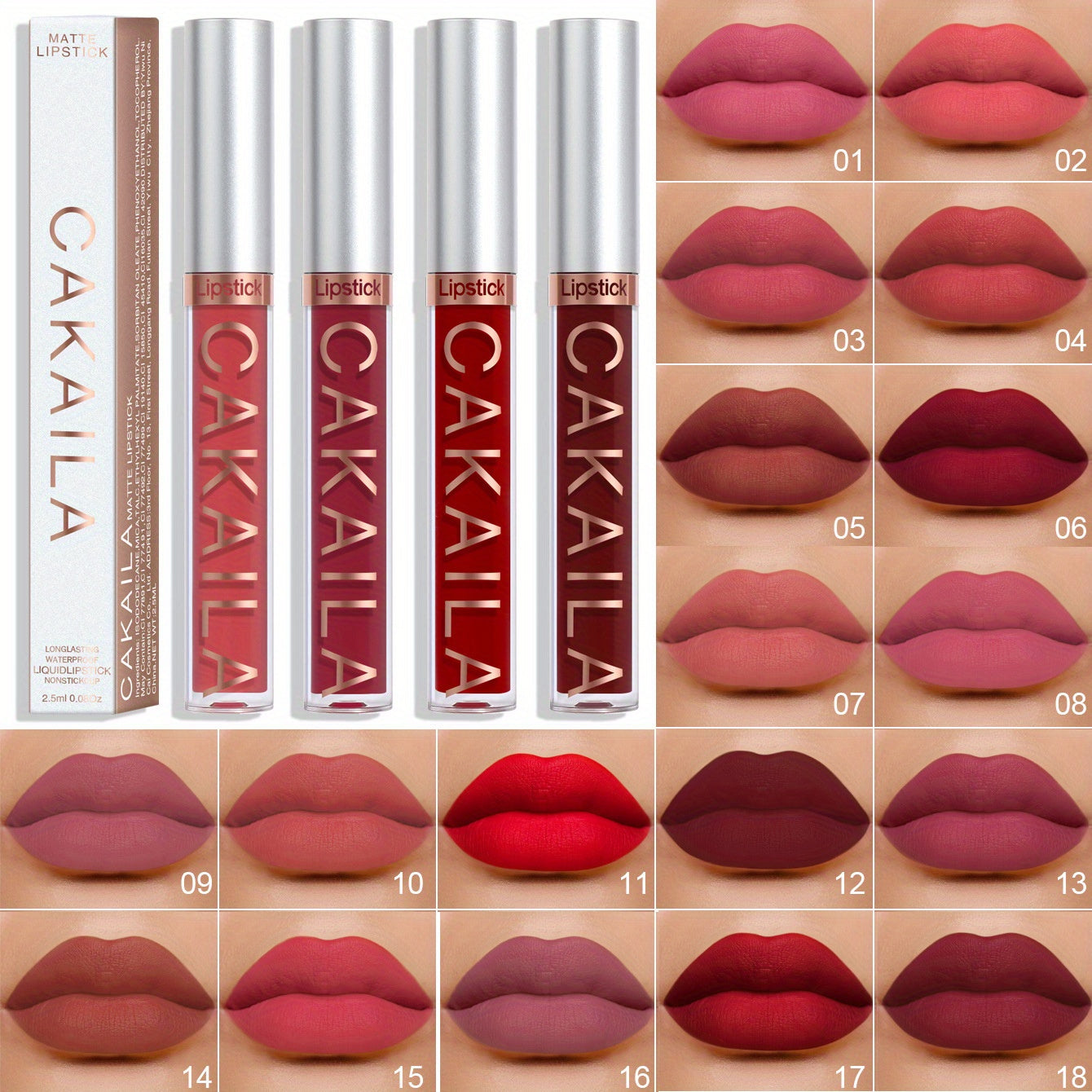 TEMU 18pcs Waterproof Liquid Lipstick Set, Nude Color, Dark Brown, Matte Red, 24-hour Lasting Lip Gloss, Music Festival Lip Makeup Set - Suitable For