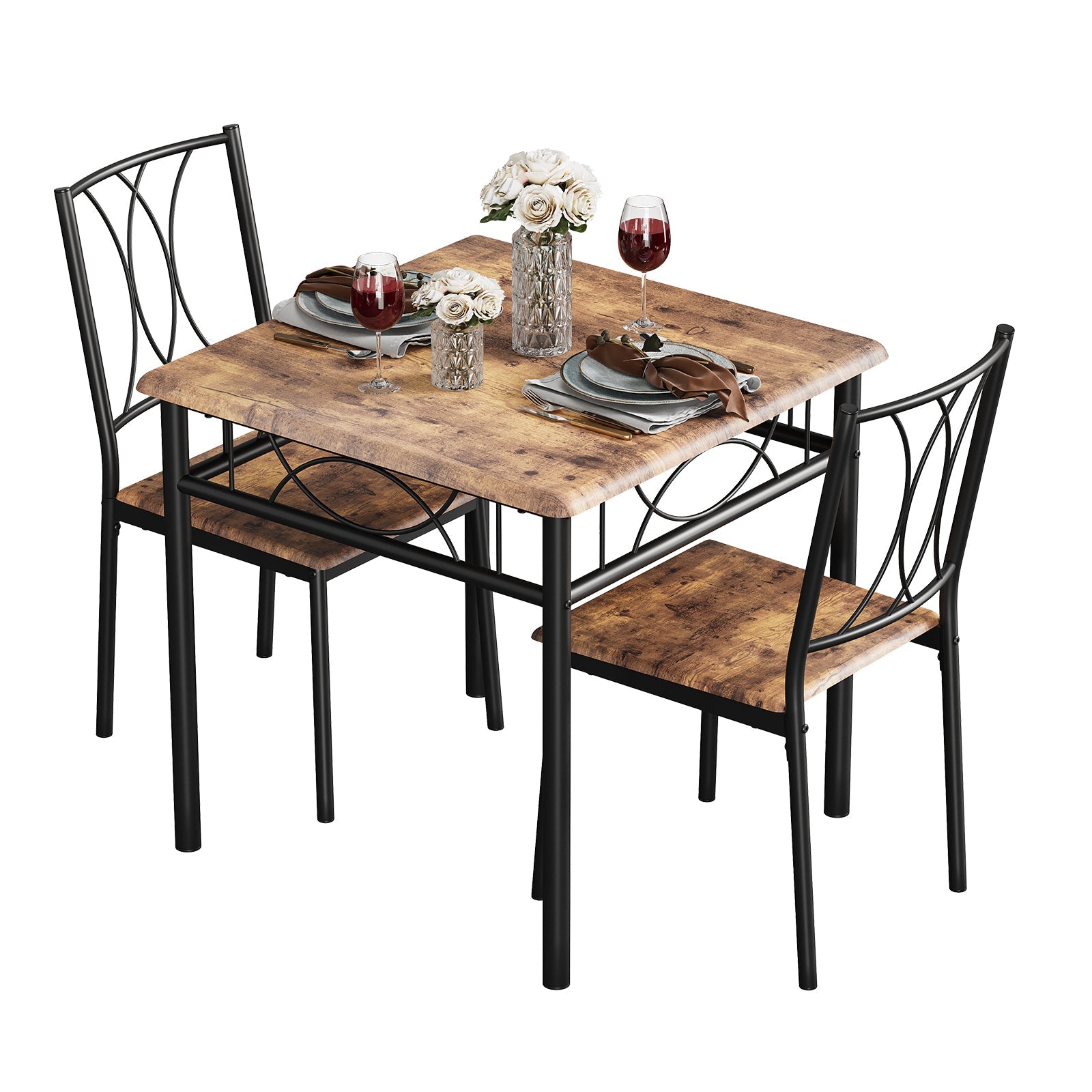 Garvee Dining Table Set for 2, Kitchen Table and Chairs, Square Kitchen Brown Table Set with 2 Brown Chairs, 3 Piece Dining Room Table Set for Small S