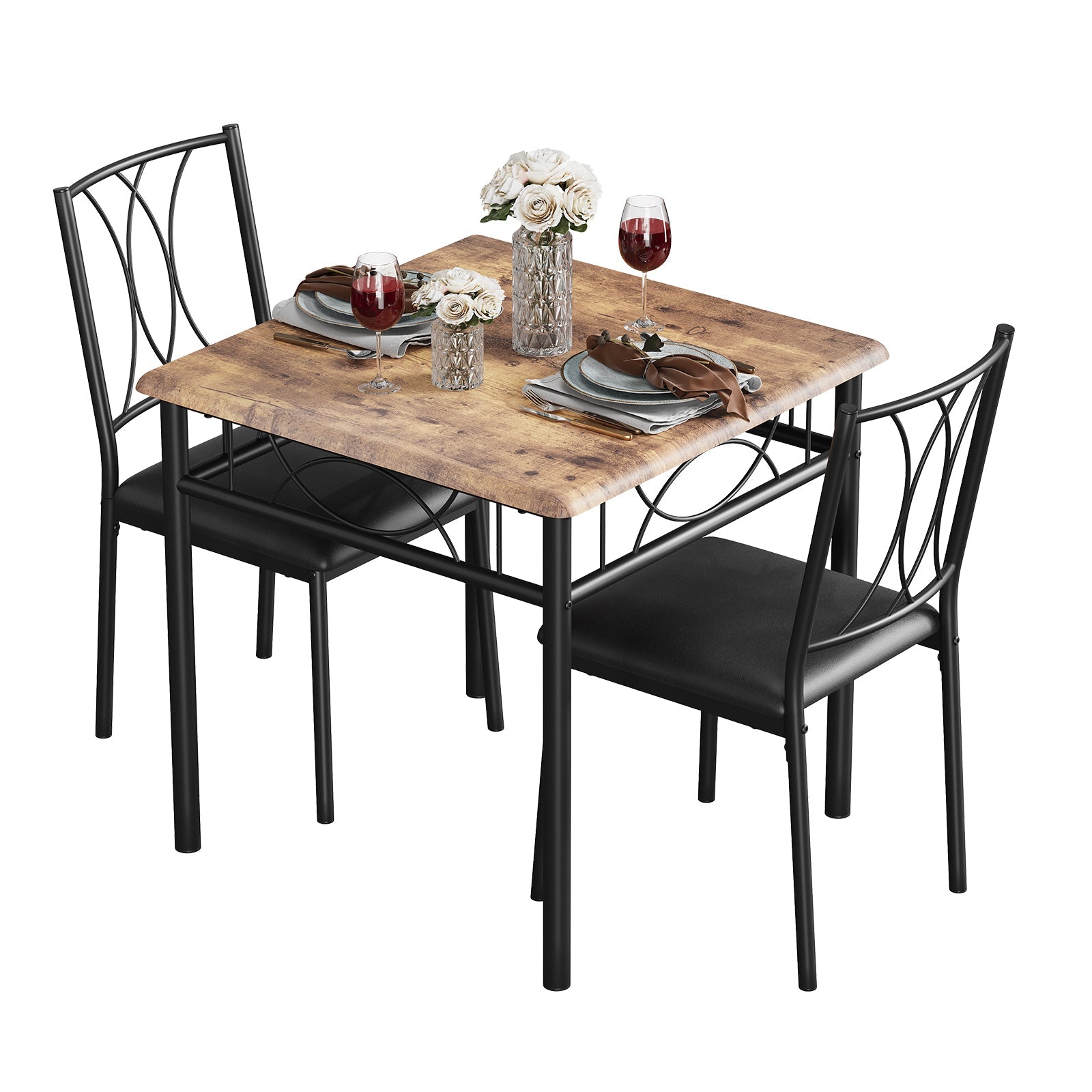 Garvee Dining Table Set for 2 with Cushioned Chairs, Space-Saving, Sturdy MDF & Steel, Easy Assembly, Rustic Brown, Ideal for Apartments