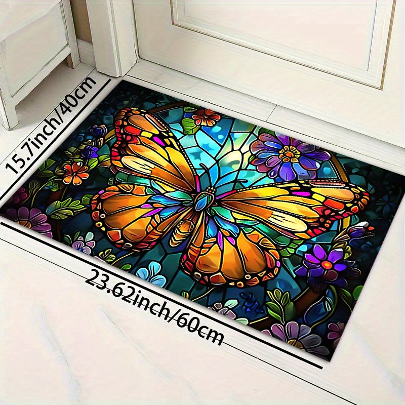 TEMU 1pc Vibrant Stained Glass-style Doormat - Anti-slip, Machine Washable Polyester Floor Mat For Indoor-outdoor Use, Entryway, Kitchen, Bathroom,